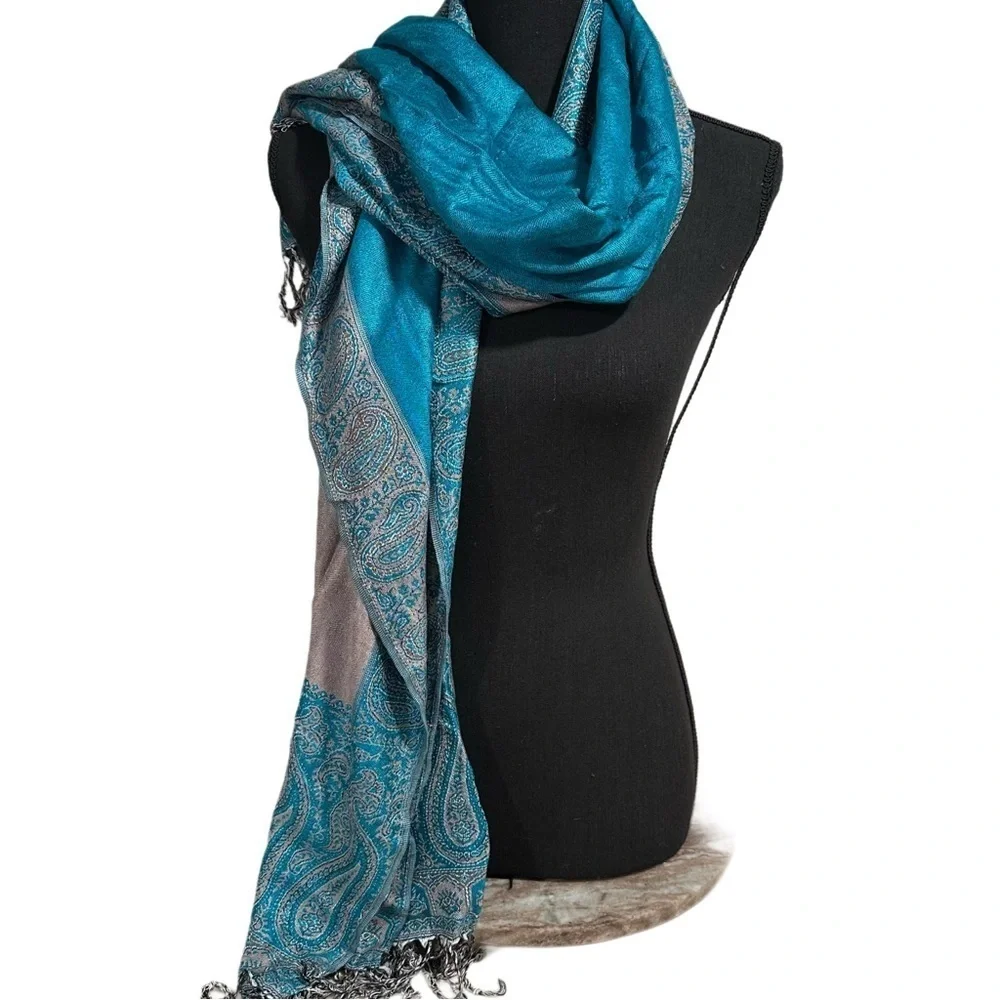 Elegant Large Shawl Wrap Double-sided Super Soft Quality Rayon Silver Aquamarine